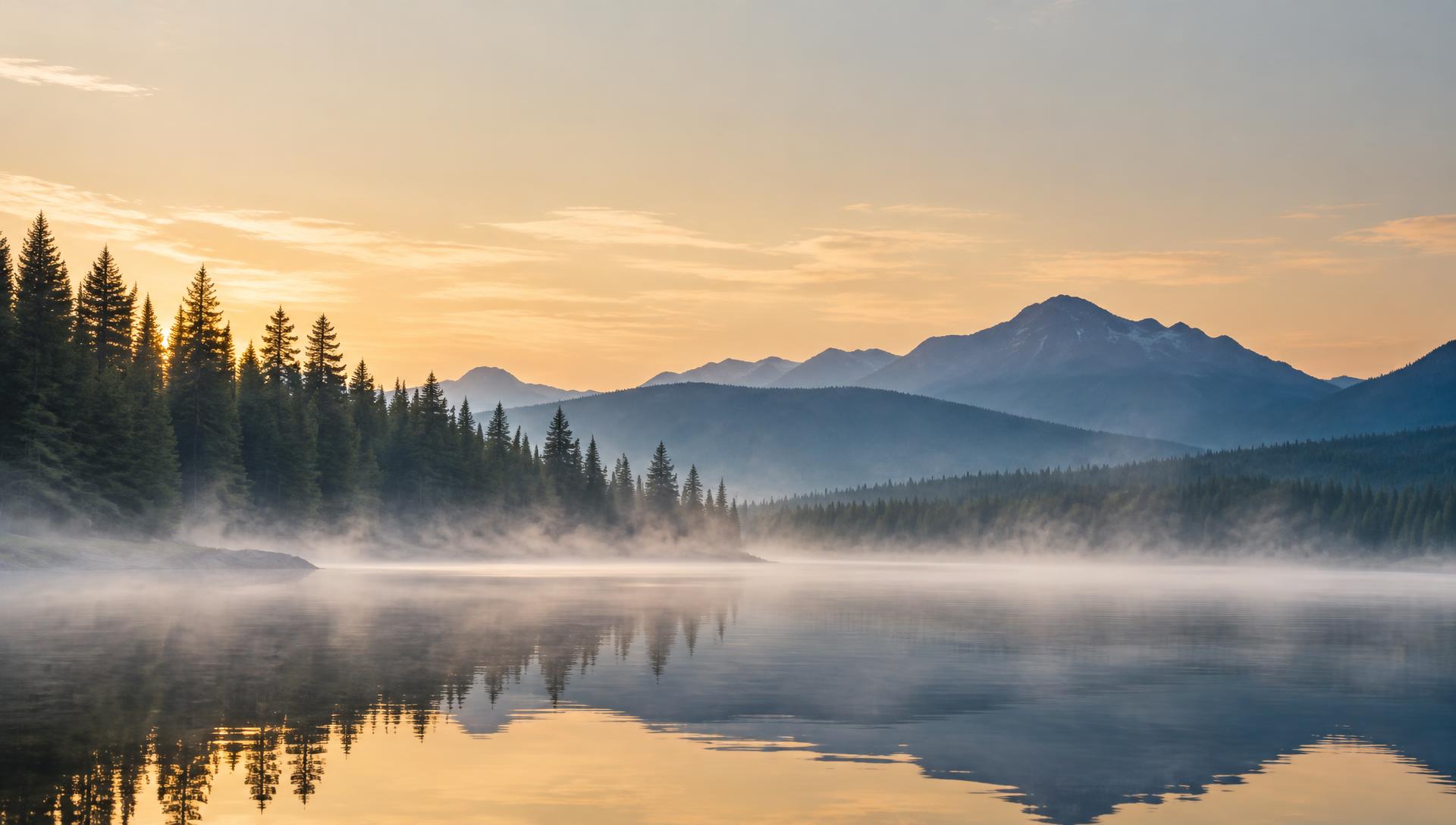 A still northern lake at dawn, mist rising between mountains